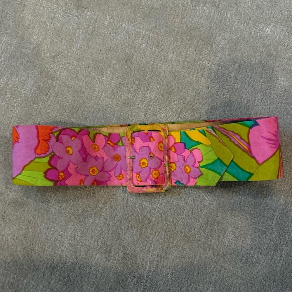 Vintage 60s Floral Pink and Green Women's Belt with Leather Interior